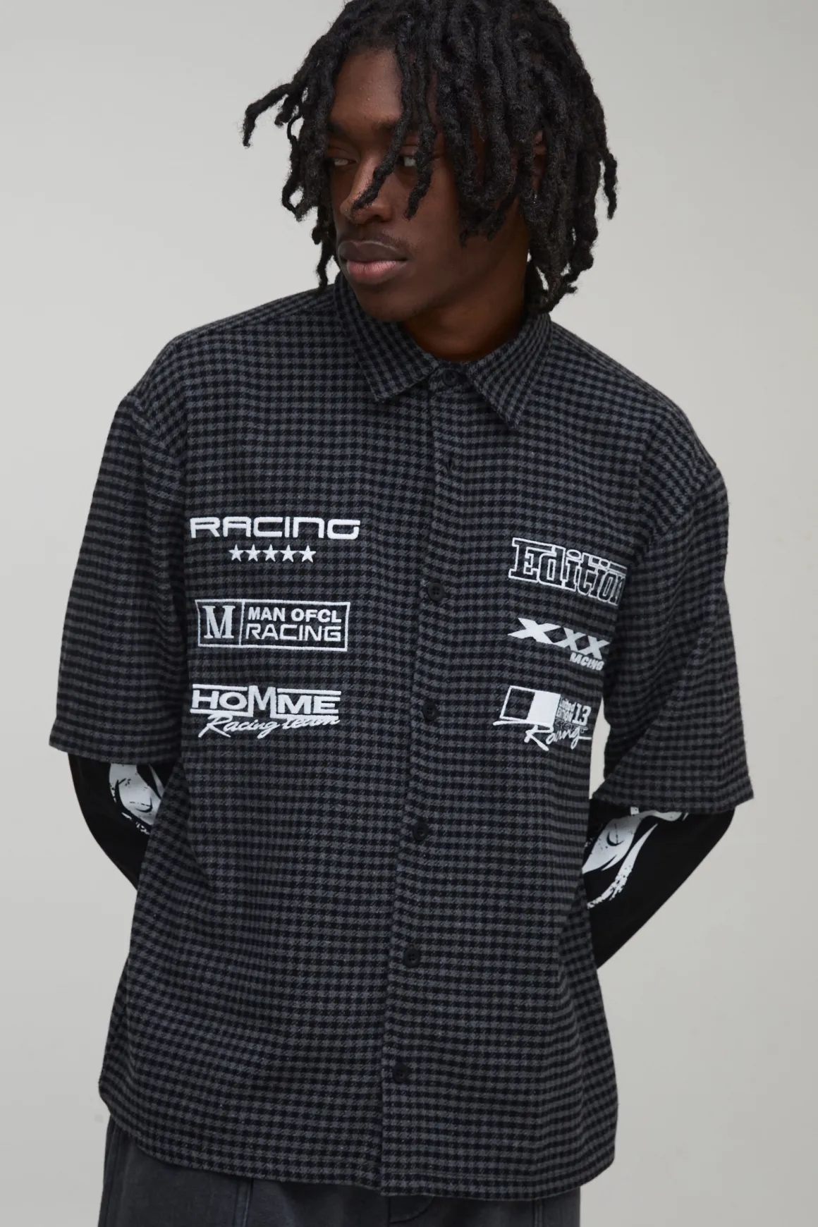 Chemise à carreaux oversize avec badge Moto et superposition factice