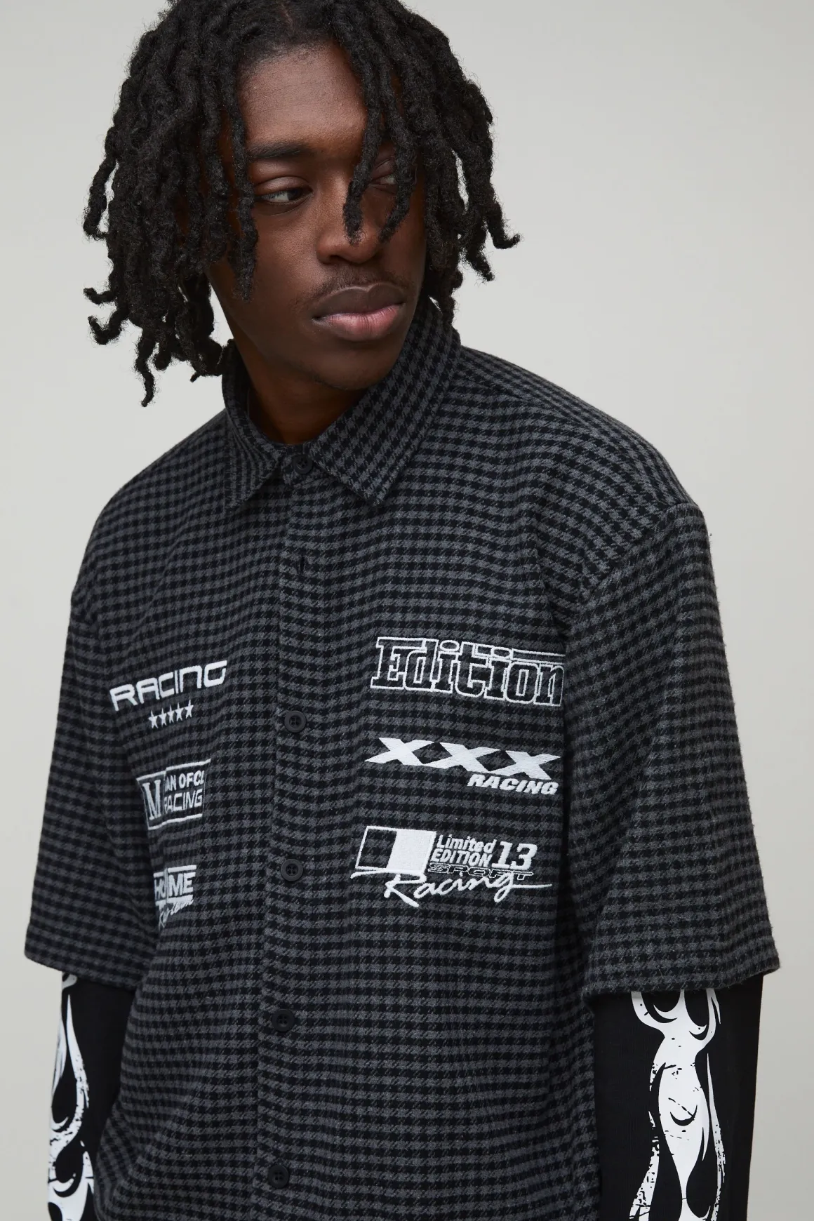 Chemise à carreaux oversize avec badge Moto et superposition factice