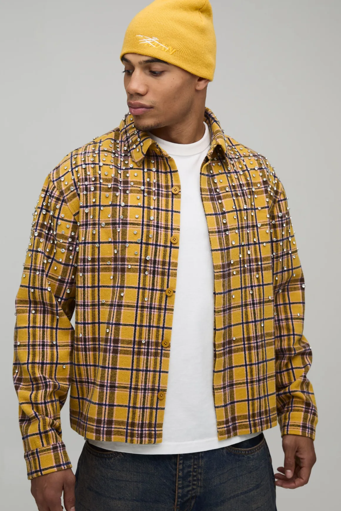 Chemise à Carreaux Oversize Boxy avec Strass Bijoux