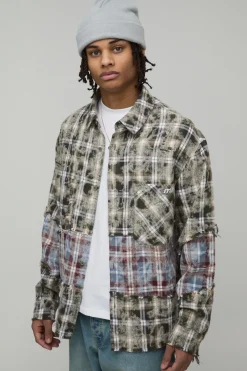 Chemise À Carreaux Épissée Délavée Coupe Ample Oversize