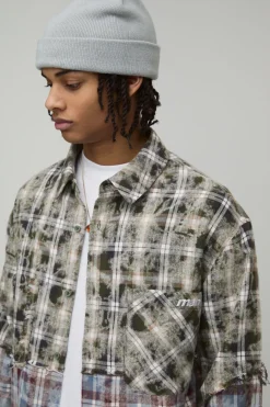 Chemise À Carreaux Épissée Délavée Coupe Ample Oversize