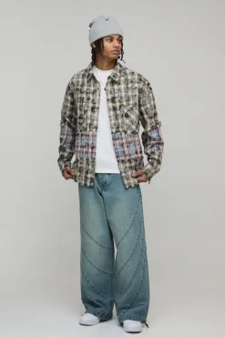 Chemise À Carreaux Épissée Délavée Coupe Ample Oversize