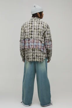 Chemise À Carreaux Épissée Délavée Coupe Ample Oversize