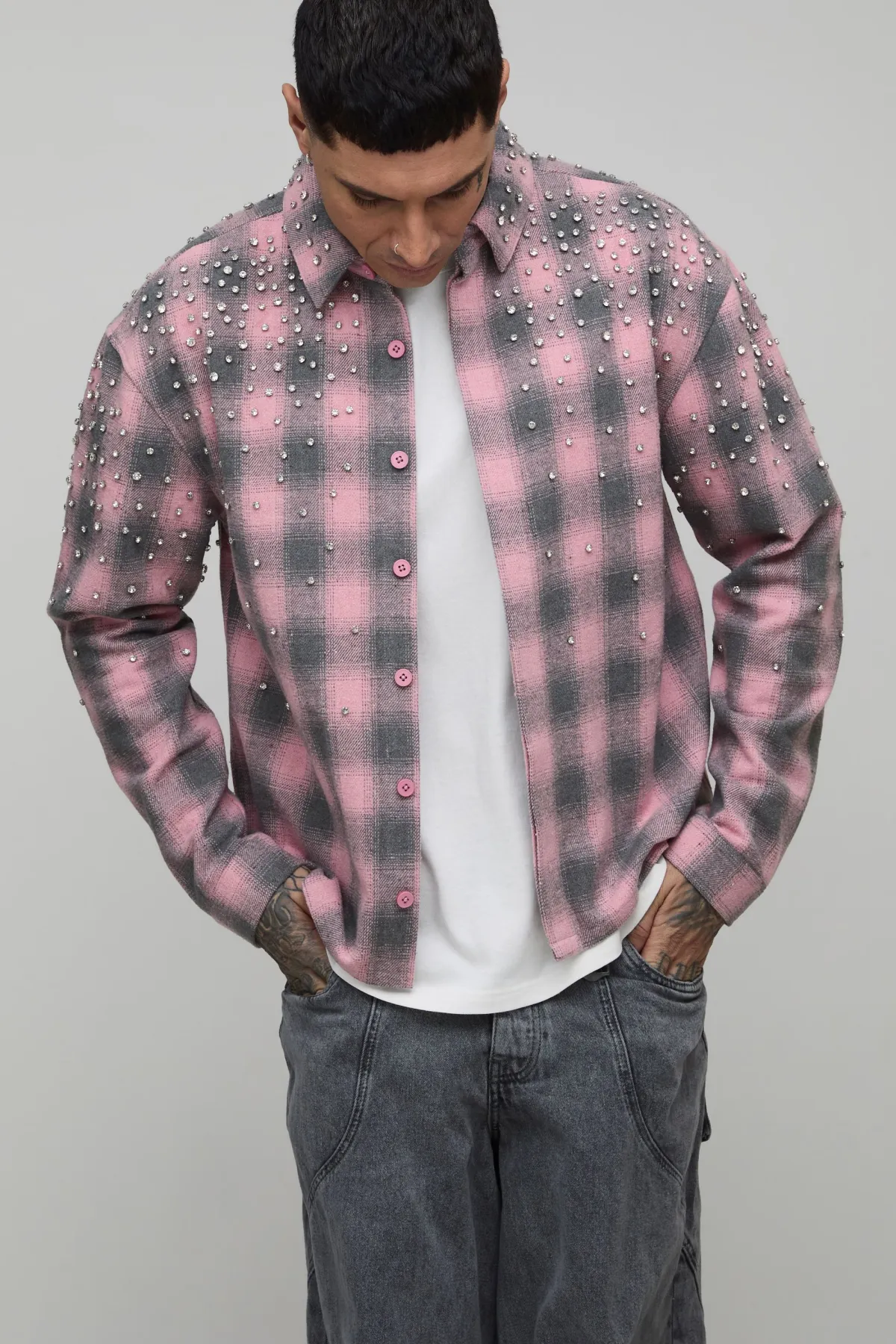 boohooMAN Chemise À Carreaux Surdimensionnée Ornée De Bijoux En Tissu Épais<Homme Chemises|Tout Afficher