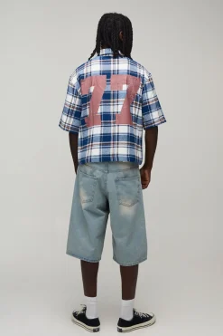 Chemise À Carreaux Varsity Délavée Oversize Coupe Boxy Manches Mi-longues