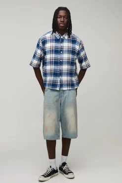 Chemise À Carreaux Varsity Délavée Oversize Coupe Boxy Manches Mi-longues