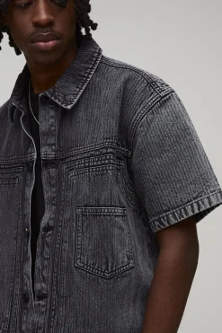 boohooMAN Chemise Charpentier Double En Denim Chevron<Homme Denim|Ensembles Grandes Tailles