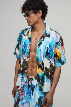Chemise À Col Cubain Oversize Coupe Boxy Imprimé Abstrait