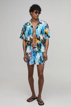 Chemise À Col Cubain Oversize Coupe Boxy Imprimé Abstrait