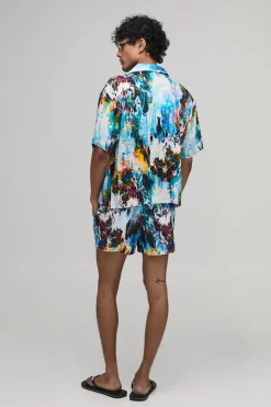 Chemise À Col Cubain Oversize Coupe Boxy Imprimé Abstrait