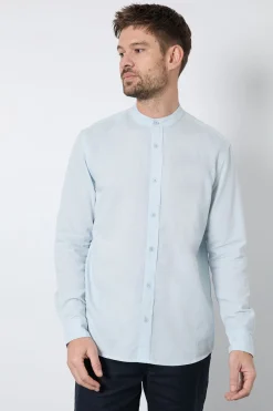 Chemise Col Mao Mélange De Lin Bleu Clair