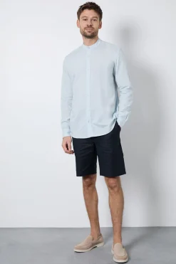 Chemise Col Mao Mélange De Lin Bleu Clair