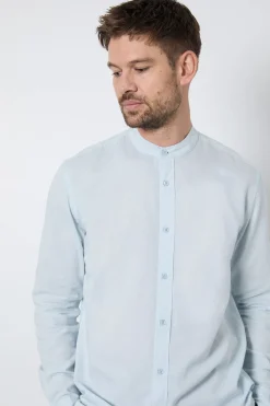 Chemise Col Mao Mélange De Lin Bleu Clair