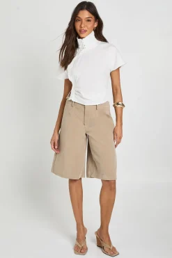 boohoo Chemise À Col Montant Froncé Et Manches Courtes<Femme Tons Neutres|Tops D’Automne