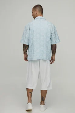 Chemise À Col Revere Brodée Manches Courtes Coupe Oversize
