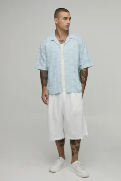 Chemise À Col Revere Brodée Manches Courtes Coupe Oversize
