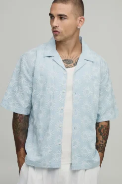 Chemise À Col Revere Brodée Manches Courtes Coupe Oversize