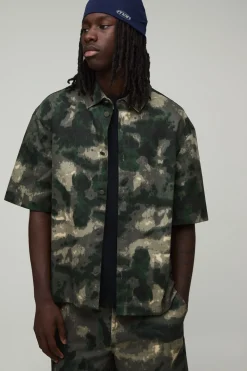 boohooMAN Chemise Coordonnée Camouflage Délavé Manches Courtes Coupe Ample<Homme Chemises