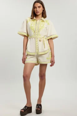 Chemise Coordonnée En Mélange De Lin Avec Broderie Perlée