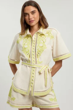 Chemise Coordonnée En Mélange De Lin Avec Broderie Perlée