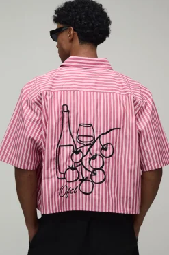 boohooMAN Chemise Courte Ample À Rayures Avec Broderie Esquisse<Homme Chemises Grande Taille|Chemises