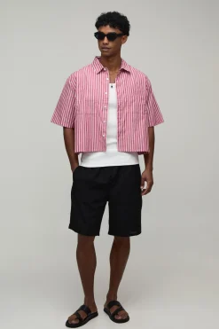 boohooMAN Chemise Courte Ample À Rayures Avec Broderie Esquisse<Homme Chemises Grande Taille|Chemises
