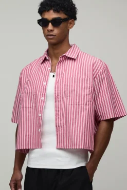 boohooMAN Chemise Courte Ample À Rayures Avec Broderie Esquisse<Homme Chemises Grande Taille|Chemises