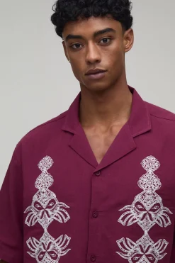 boohooMAN Chemise Courte Ample Texturée Col Revere Brodée<Homme Chemises