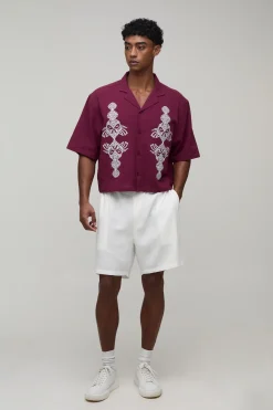 boohooMAN Chemise Courte Ample Texturée Col Revere Brodée<Homme Chemises