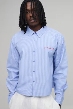 boohooMAN Chemise Courte Oversize Brodée À Rayures Tall<Homme Chemises|Tout Afficher