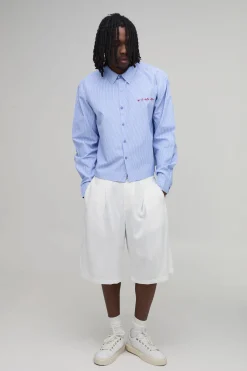 boohooMAN Chemise Courte Oversize Brodée À Rayures Tall<Homme Chemises|Tout Afficher
