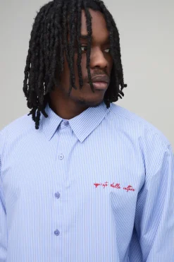 boohooMAN Chemise Courte Oversize Brodée À Rayures Tall<Homme Chemises|Tout Afficher