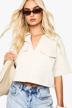 boohoo Chemise Crop à détail de poche en sergé<Femme Tops