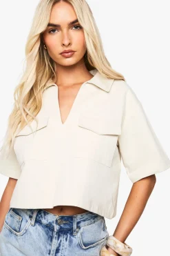 boohoo Chemise Crop à détail de poche en sergé<Femme Tops