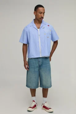 Chemise Crop Oversize À Rayures Et Multi-patchs Manches Courtes