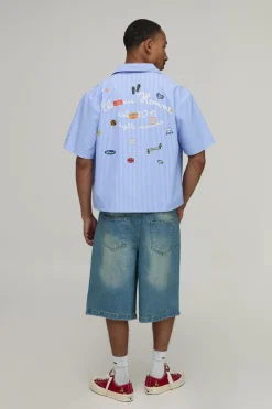 Chemise Crop Oversize À Rayures Et Multi-patchs Manches Courtes