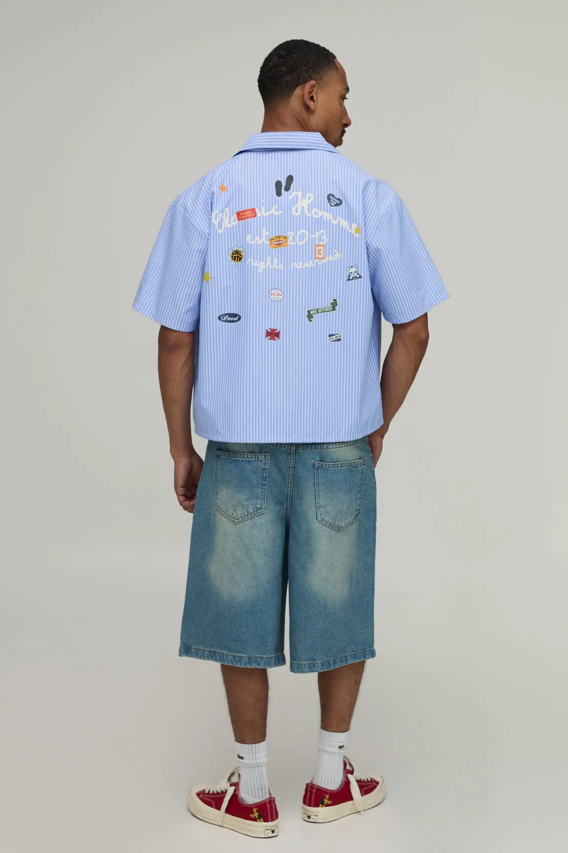 Chemise Crop Oversize À Rayures Et Multi-patchs Manches Courtes