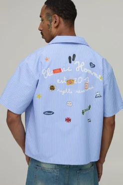 Chemise Crop Oversize À Rayures Et Multi-patchs Manches Courtes