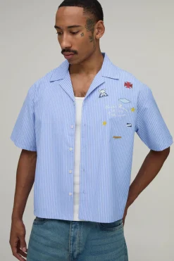 Chemise Crop Oversize À Rayures Et Multi-patchs Manches Courtes