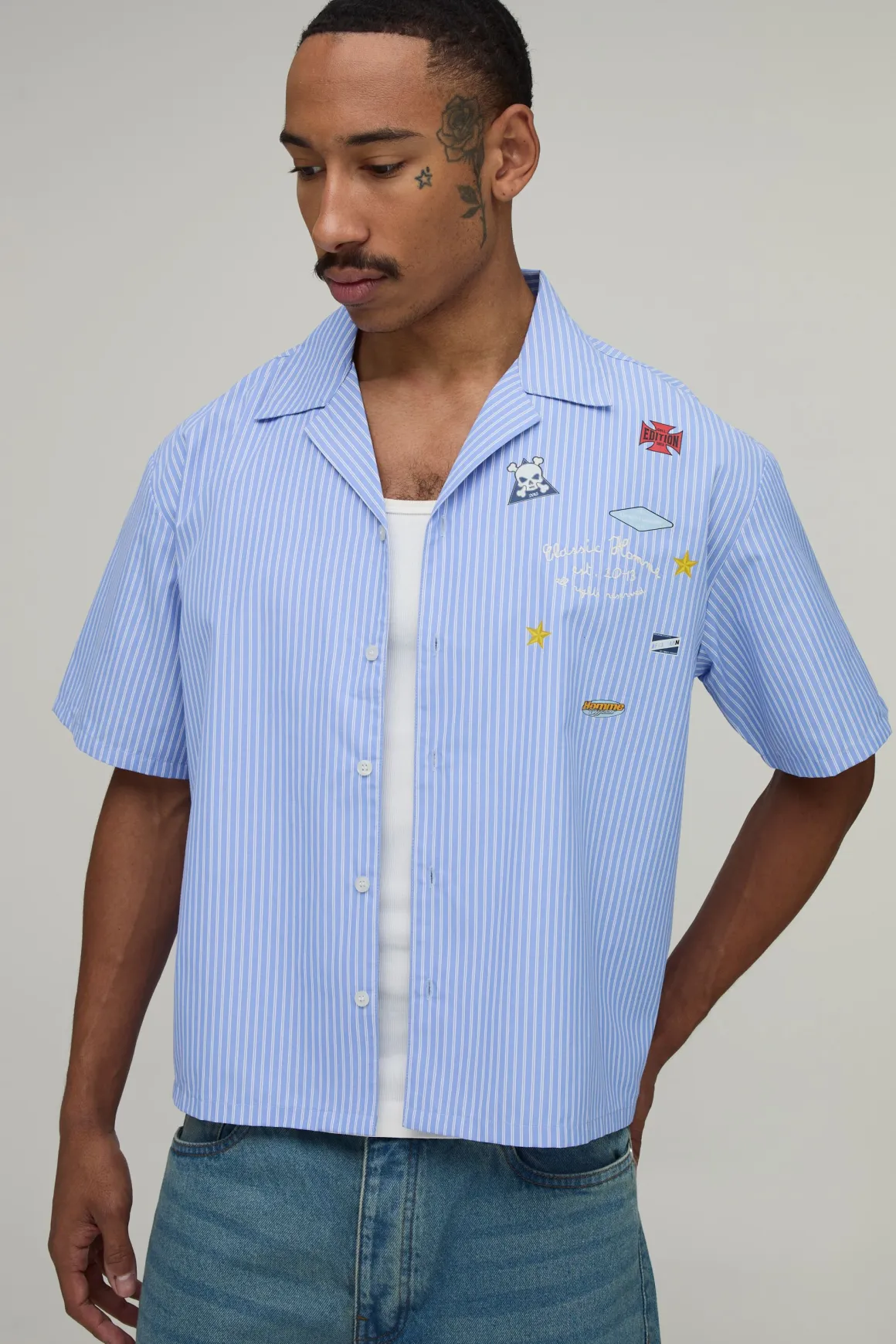 Chemise Crop Oversize À Rayures Et Multi-patchs Manches Courtes