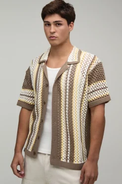 Chemise Décontractée À Col Cubain En Maille Ajourée À Rayures