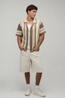 Chemise Décontractée À Col Cubain En Maille Ajourée À Rayures