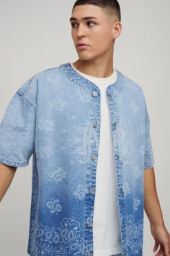 Chemise de baseball à imprimé laser bandana en denim