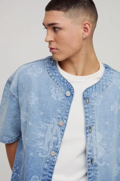Chemise de baseball à imprimé laser bandana en denim
