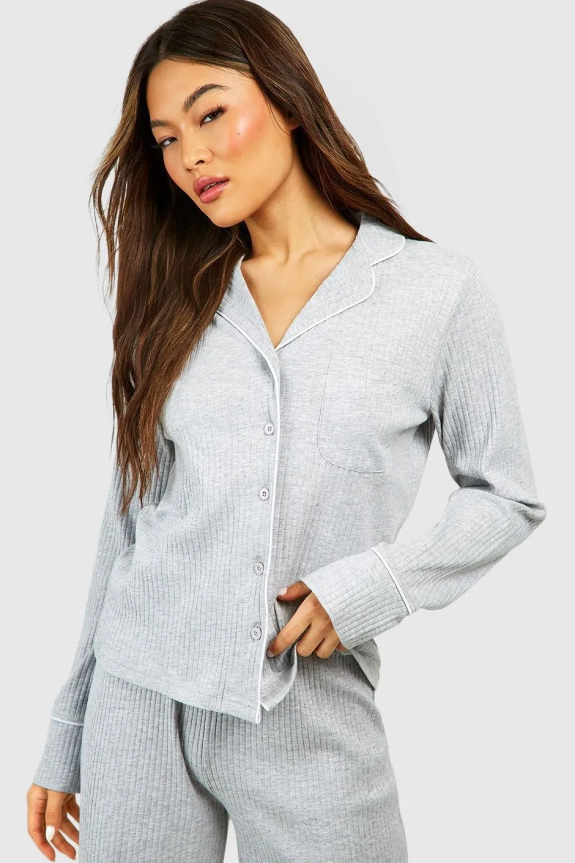 Chemise de détente à détails en passepoil côtelé et à manches longues