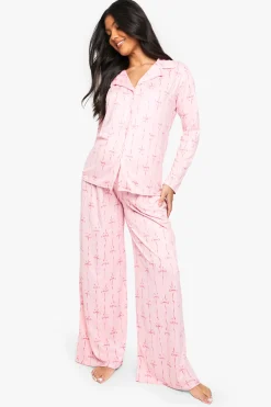 CHEMISE DE MATERNITÉ À MANCHES COURTES À IMPRIMÉ NŒUD PAPILLON ROSE ET SHORT