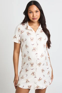 Chemise De Nuit De Maternité À Col Avec Imprimé Ours Et Nœuds Boutonnée Sur Le Devant
