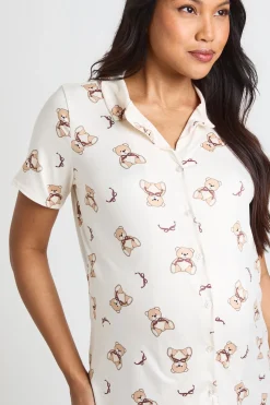 Chemise De Nuit De Maternité À Col Avec Imprimé Ours Et Nœuds Boutonnée Sur Le Devant