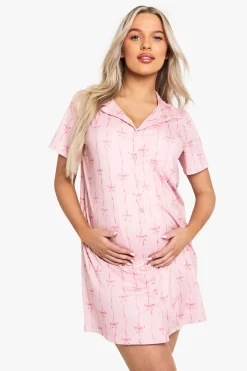 boohoo Chemise de nuit de maternité à imprimé nœud et col boutonné<Femme Pyjamas