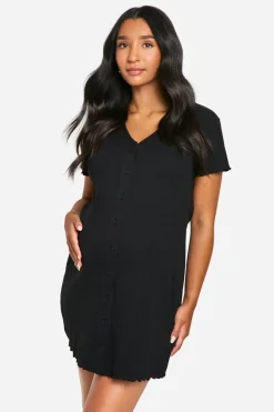 boohoo Chemise de nuit maternité à côtes et boutonnée<Femme Pyjamas